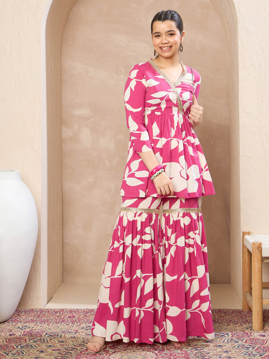 Grils Pink Floral Peplum Top With Sharara Pants