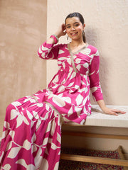 Grils Pink Floral Peplum Top With Sharara Pants