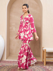Grils Pink Floral Peplum Top With Sharara Pants