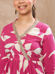 Grils Pink Floral Peplum Top With Sharara Pants