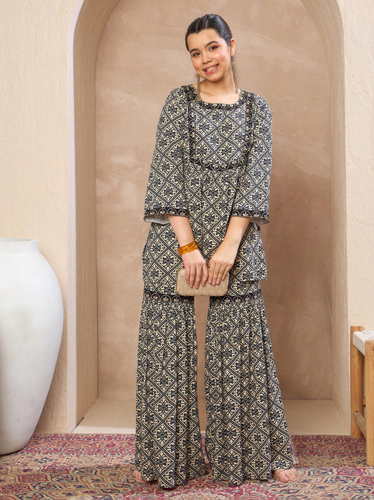 Grils Beige & Black Floral Lace Peplum Top With Sharara Pants