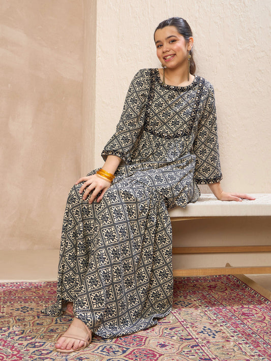 Grils Beige & Black Floral Lace Peplum Top With Sharara Pants