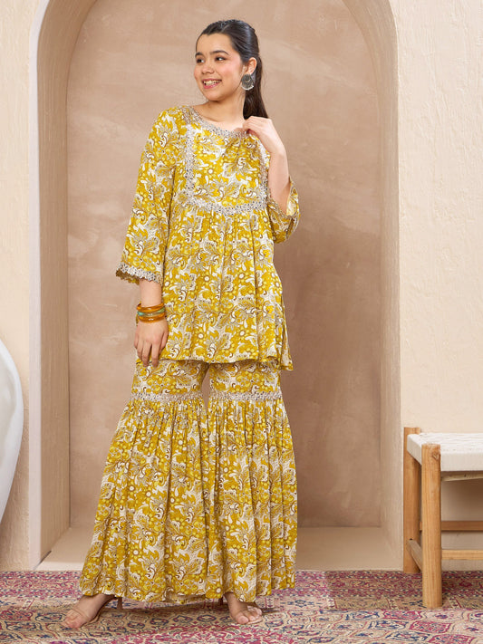 Grils Yellow Floral Lace Peplum Top With Sharara Pants