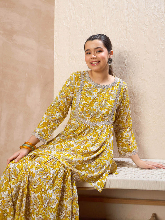 Grils Yellow Floral Lace Peplum Top With Sharara Pants