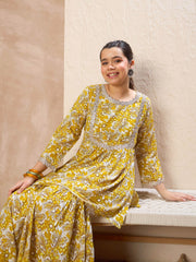 Grils Yellow Floral Lace Peplum Top With Sharara Pants