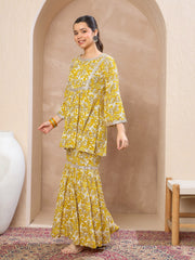 Grils Yellow Floral Lace Peplum Top With Sharara Pants