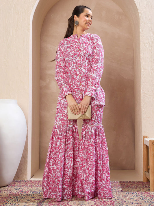 Grils Pink & White Floral Button Top With Sharara Pants
