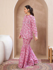 Grils Pink & White Floral Button Top With Sharara Pants
