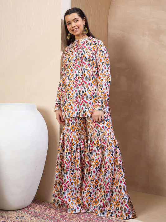 Grils White Ikkat Button Top With Sharara Pants