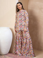 Grils White Ikkat Button Top With Sharara Pants