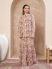 Grils White Ikkat Button Top With Sharara Pants