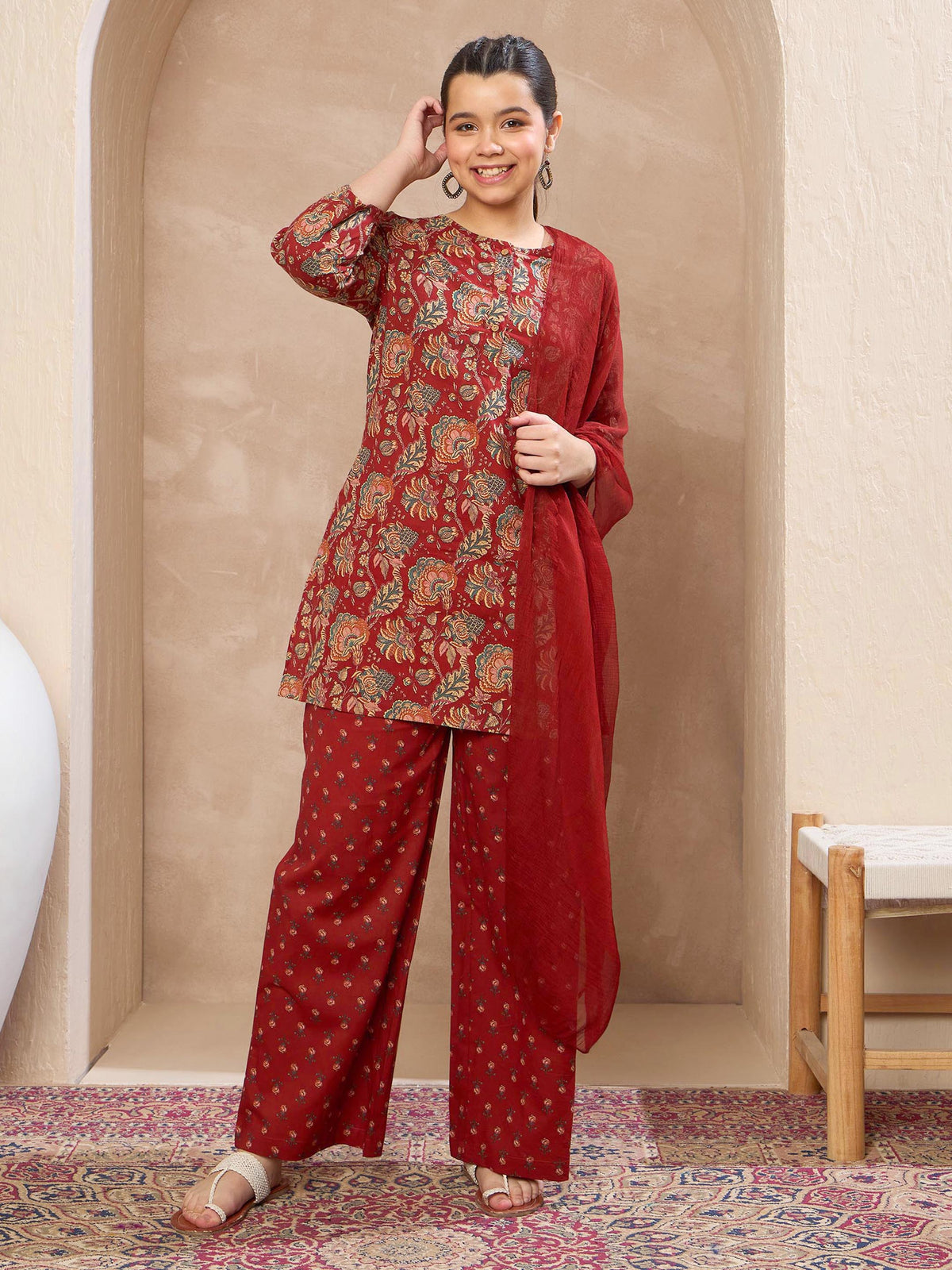 Grils Maroon Floral Kurta With Pants & Dupatta