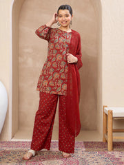 Grils Maroon Floral Kurta With Pants & Dupatta