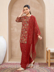 Grils Maroon Floral Kurta With Pants & Dupatta