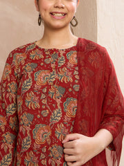 Grils Maroon Floral Kurta With Pants & Dupatta