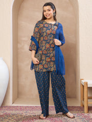 Grils Navy Floral Kurta With Pants & Dupatta