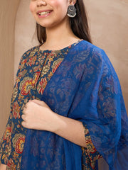 Grils Navy Floral Kurta With Pants & Dupatta