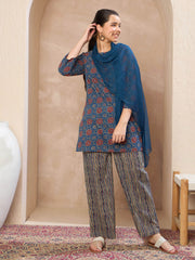 Grils Blue Floral Kurta With Pants & Dupatta