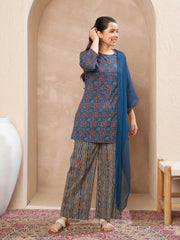 Grils Blue Floral Kurta With Pants & Dupatta