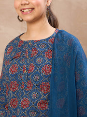 Grils Blue Floral Kurta With Pants & Dupatta