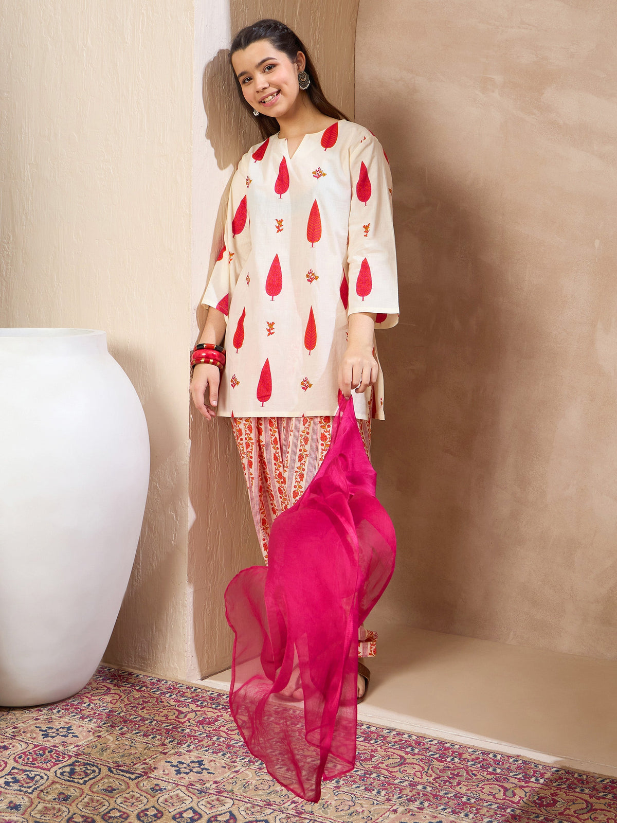 Grils White & Red Floral Short Kurta With Salwar & Dupatta