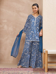 Grils Blue Floral V-Neck Kurta With Palazzos & Dupatta