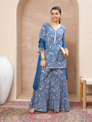 Grils Blue Floral V-Neck Kurta With Palazzos & Dupatta