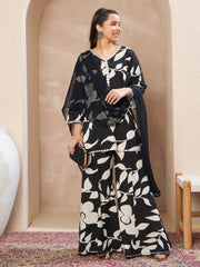 Grils Black Floral V-Neck Kurta With Palazzos & Dupatta