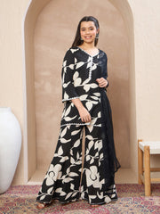 Grils Black Floral V-Neck Kurta With Palazzos & Dupatta