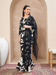 Grils Black Floral V-Neck Kurta With Palazzos & Dupatta