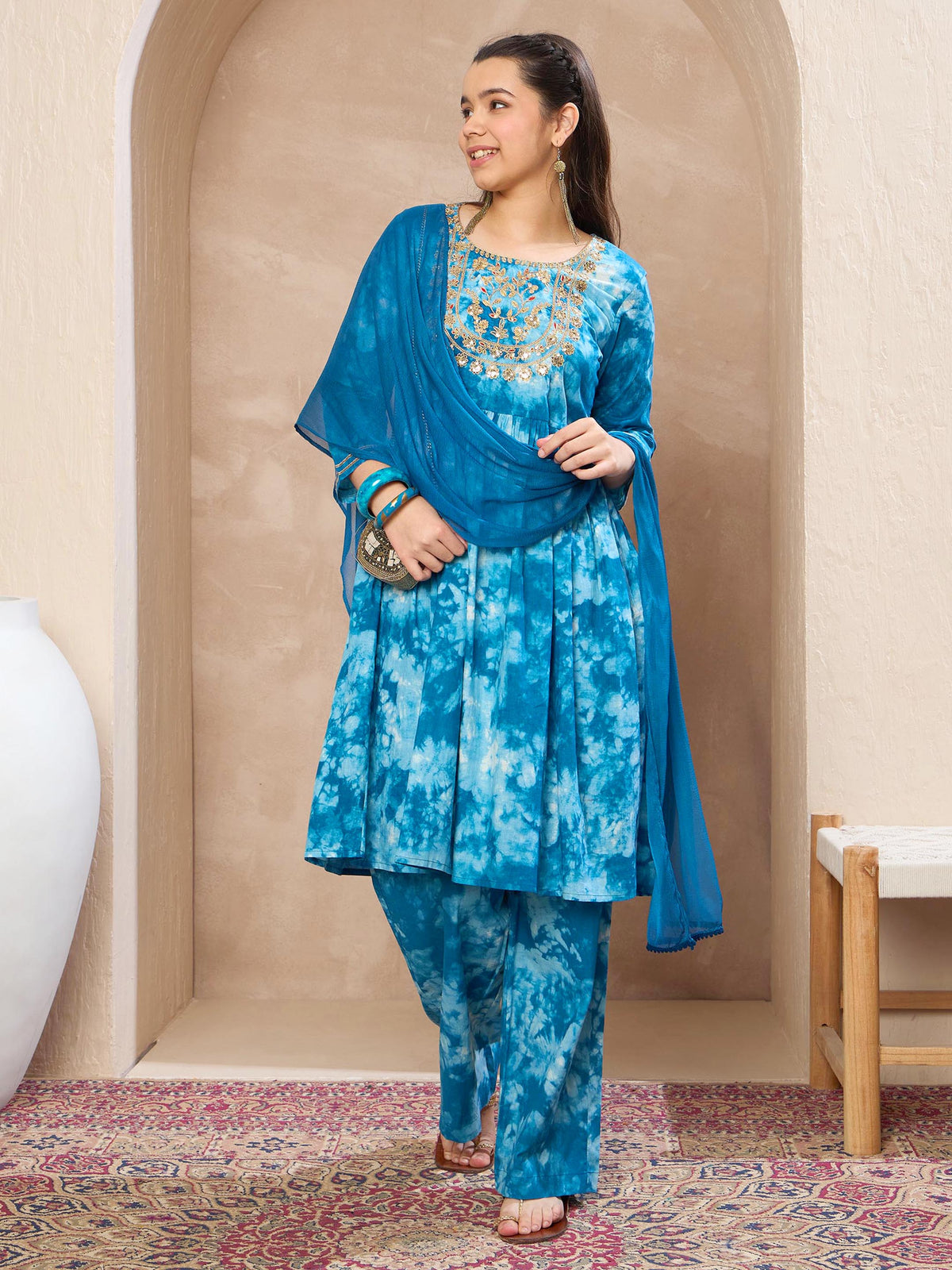 Grils Blue Tie & Dye Emb Kurta With Pants & Dupatta