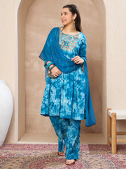 Grils Blue Tie & Dye Emb Kurta With Pants & Dupatta