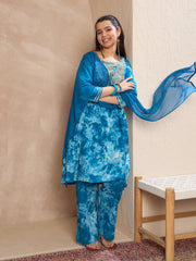 Grils Blue Tie & Dye Emb Kurta With Pants & Dupatta