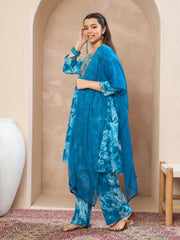 Grils Blue Tie & Dye Emb Kurta With Pants & Dupatta