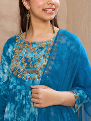 Grils Blue Tie & Dye Emb Kurta With Pants & Dupatta