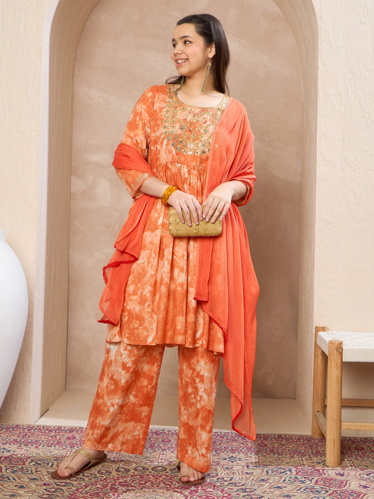 Grils Orange Tie & Dye Emb Kurta With Pants & Dupatta