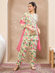 Grils Beige Floral Short Kurta With Salwar & Dupatta