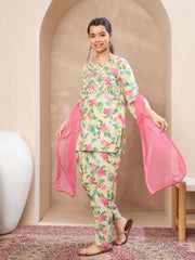 Grils Beige Floral Short Kurta With Salwar & Dupatta