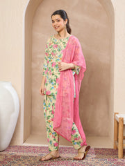 Grils Beige Floral Short Kurta With Salwar & Dupatta
