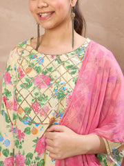 Grils Beige Floral Short Kurta With Salwar & Dupatta