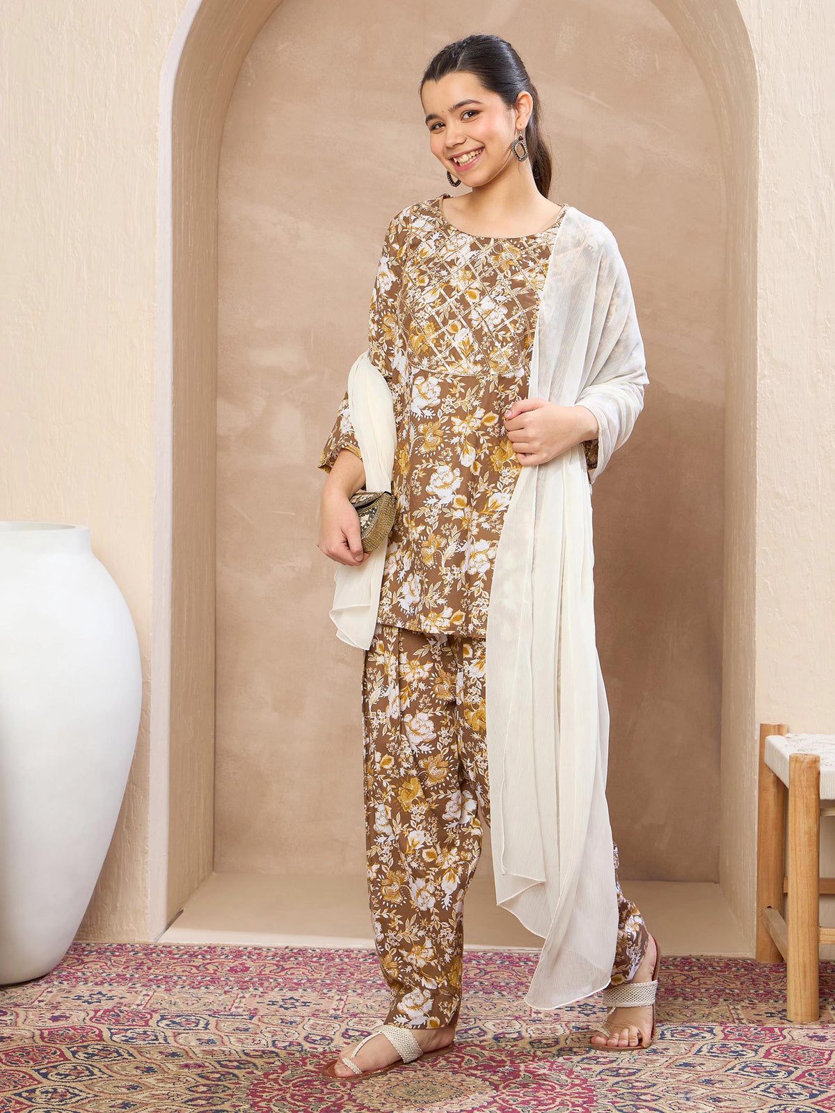 Grils Brown Floral Short Kurta With Salwar & Dupatta