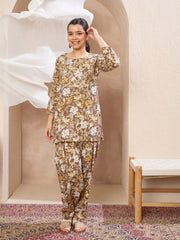 Grils Brown Floral Short Kurta With Salwar & Dupatta