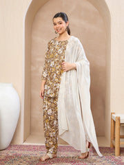 Grils Brown Floral Short Kurta With Salwar & Dupatta