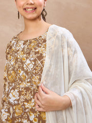 Grils Brown Floral Short Kurta With Salwar & Dupatta