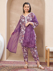 Grils Purple Floral Short Kurta With Dhoti Pants & Dupatta