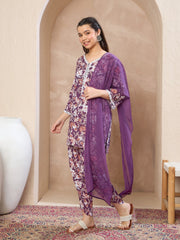 Grils Purple Floral Short Kurta With Dhoti Pants & Dupatta