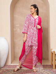 Grils White & Pink Short Kurta With Dhoti Pants & Dupatta