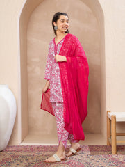 Grils White & Pink Short Kurta With Dhoti Pants & Dupatta