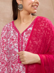 Grils White & Pink Short Kurta With Dhoti Pants & Dupatta