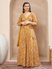 Grils Yellow Floral Crop Top With Anarkali Skirt & Dupatta